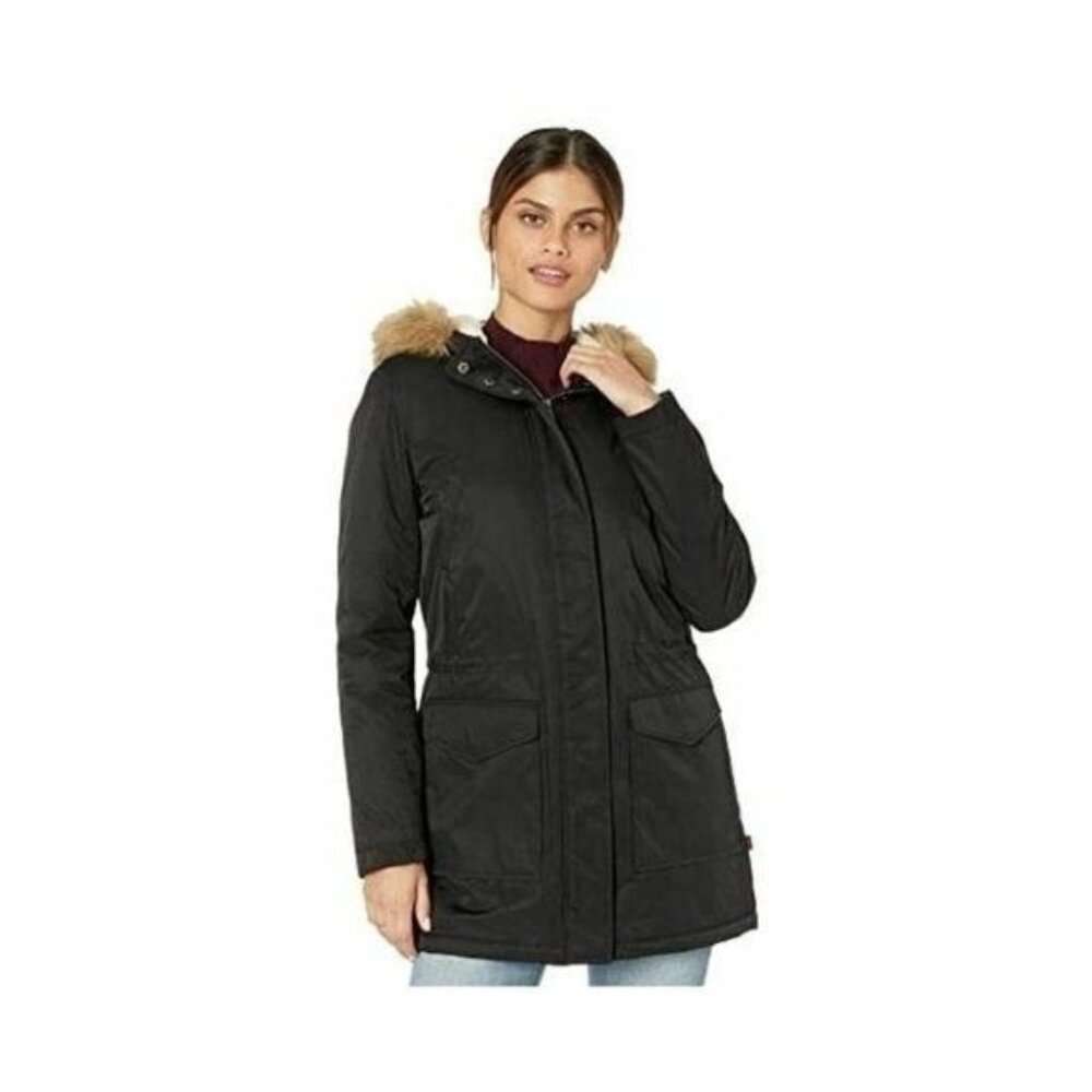 LEVI's Black Jacket Faux Fur Trimmed Hooded Sherpa Parka Coat Sz S NWT